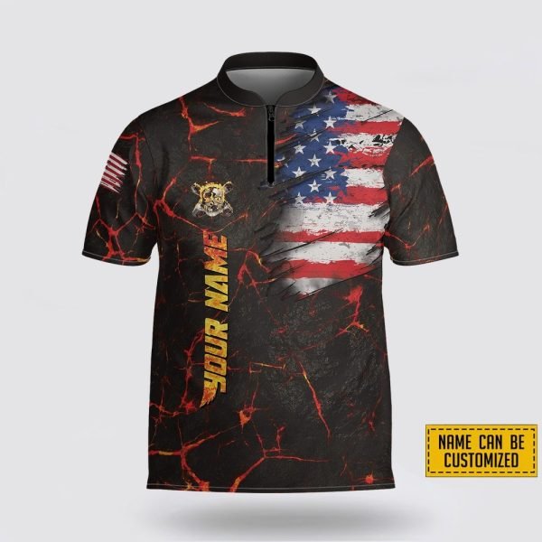 Custom Name Fire Skull American Flag Bowling Jersey Shirt – Perfect Gift for Bowling Fans