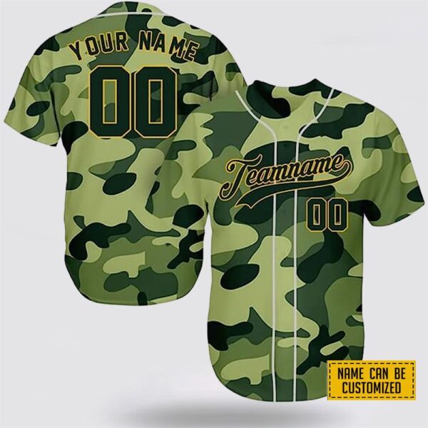 Custom Name Green Army Pattern Baseball Jersey – Gift For Military Personnel