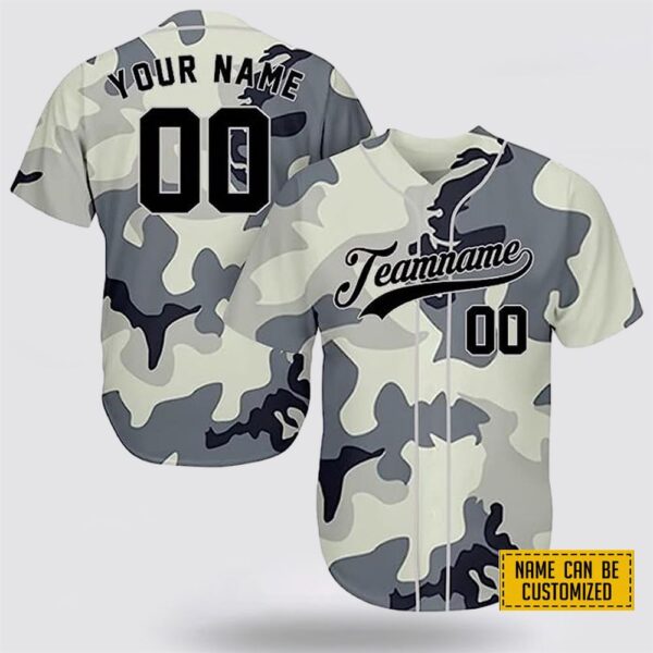 Custom Name Grey Camouflage Army Pattern Baseball Jersey – Gift For Military Personnel