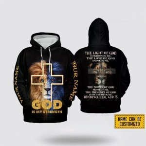Custom Name Lion Of God Hoodie God Is My Strength All Over Print 3D Hoodie – Gifts For Christians