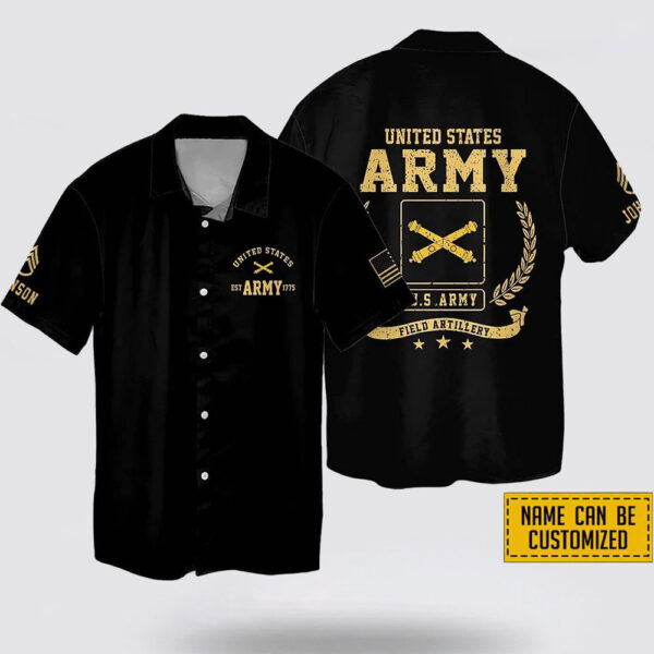Custom Name Rank US Army Field Artillery EST Army 1775 Hawaiin Shirt – Beachwear Gift For Military Personnel