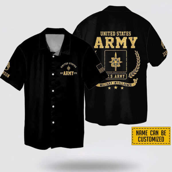 Custom Name Rank US Army Military Intelligence EST Army 1775 Hawaiin Shirt – Beachwear Gift For Military Personnel
