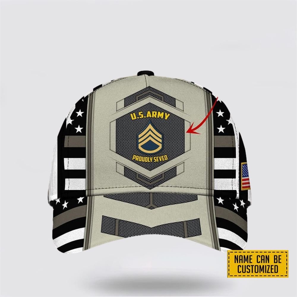 Custom Name Rank US Army Proudly Seved American Flag Pattern Baseball Cap – Gift For Military Personnel