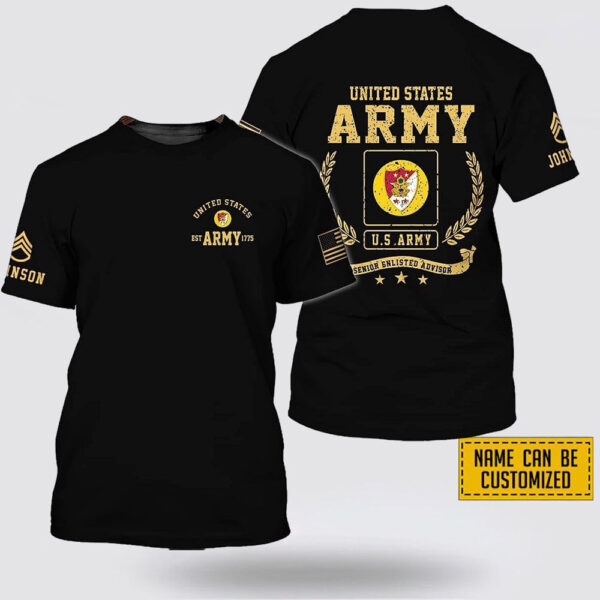 Custom Name Rank US Army Senior Enlisted Advisor EST Army 1775 All Over Print 3D T Shirt – Gift For Military Personnel
