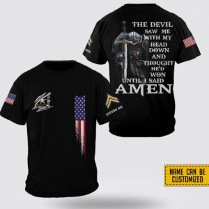 Custom Name Rank US Army The Devil Saw Me With My Head Down All Over Print 3D T-Shirt – Gift For Military Personnel