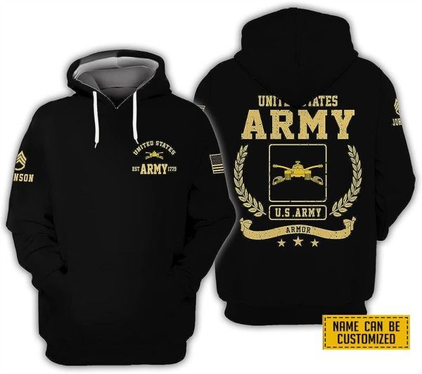 Custom Name Rank United State Army Armor EST Army 1775 All Over Print 3D Hoodie – For Military Personnel