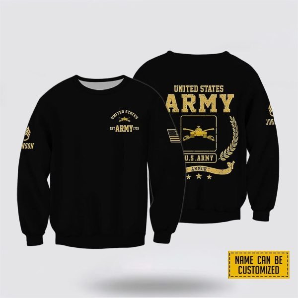 Custom Name Rank United State Army Armor EST Army 1775 Crewneck Sweatshirt – For Military Personnel