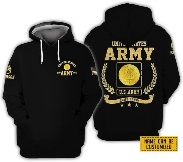 Custom Name Rank United State Army Bands EST Army 1775 All Over Print 3D Hoodie – For Military Personnel