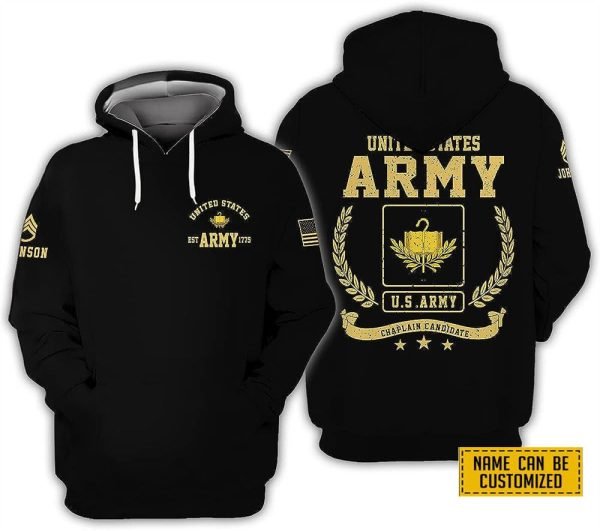 Custom Name Rank United State Army Chaplain Candidate EST Army 1775 All Over Print 3D Hoodie – For Military Personnel