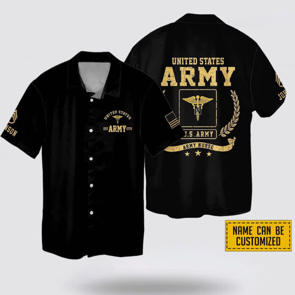 Custom Name Rank United States Army Nurse EST Army 1775 Hawaiin Shirt – Beachwear Gift For Military Personnel