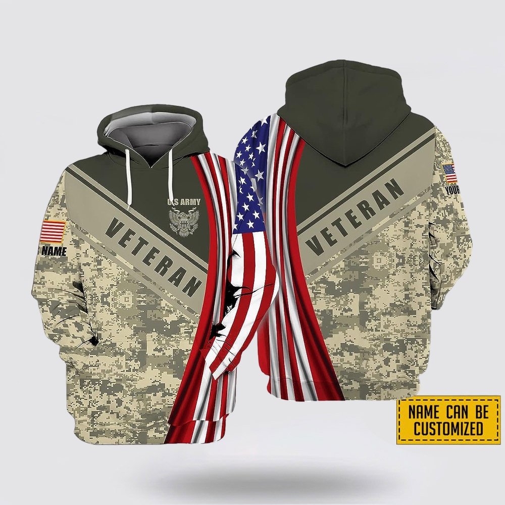 Custom Name US Army Veteran American Flag All Over Print 3D Hoodie Shirt – For Military Personnel