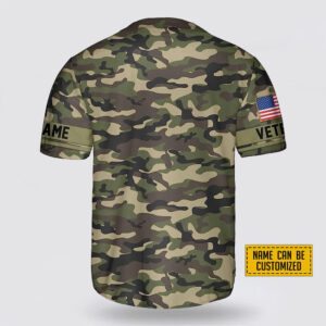 Custom Name US Army Veteran Rank American Flag Camouflage Pattern Baseball Jersey - Gift For Military Personnel