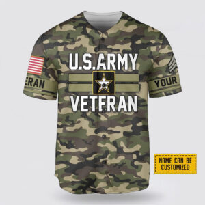 Custom Name US Army Veteran Rank American Flag Camouflage Pattern Baseball Jersey - Gift For Military Personnel