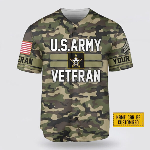 Custom Name US Army Veteran Rank American Flag Camouflage Pattern Baseball Jersey – Gift For Military Personnel