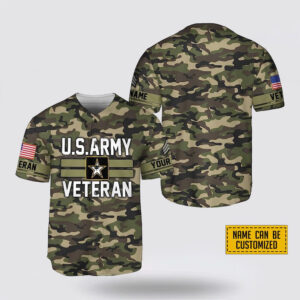 Custom Name US Army Veteran Rank American Flag Camouflage Pattern Baseball Jersey - Gift For Military Personnel