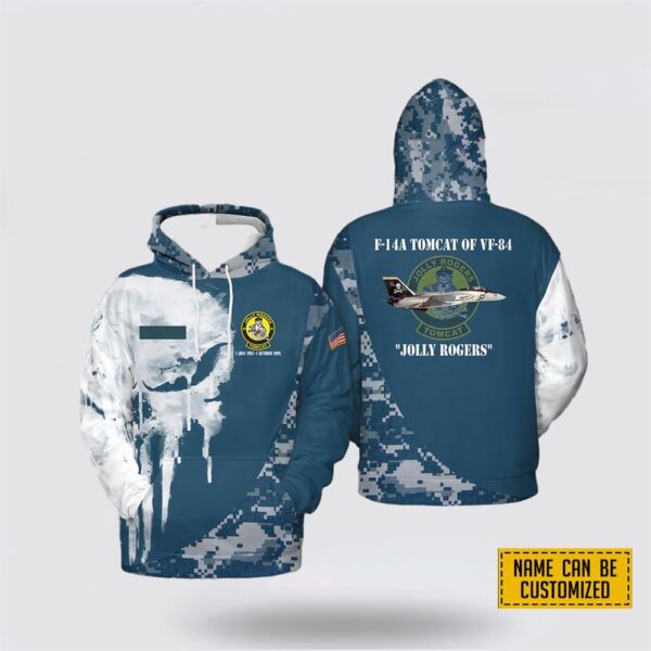 Custom Name US Navy F-14A Tomcat Of VF-84 (1955 – 1995) Jolly Rogers Hoodie 3D – Gifts For Military Personnel