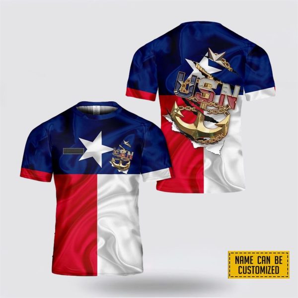 Custom Name US Navy Master Chief Texas Style Anchor All Over Print 3D T Shirt – Gifts For Navy Military Personnel