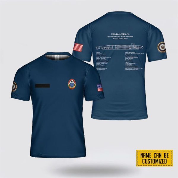Custom Name US Navy USS Alaska SSBN-732 Ohio Class Submarine Blueprint All Over Print 3D T Shirt – Gifts For Navy Military Personnel