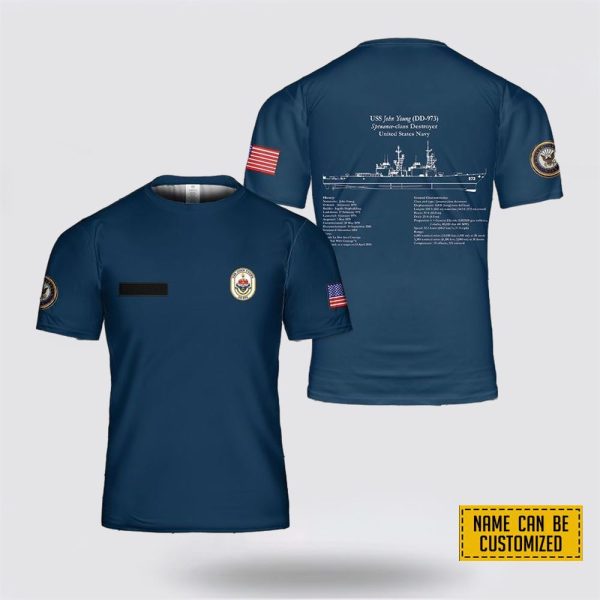 Custom Name US Navy USS John Young DD-973 Blueprint All Over Print 3D T Shirt – Gifts For Navy Military Personnel