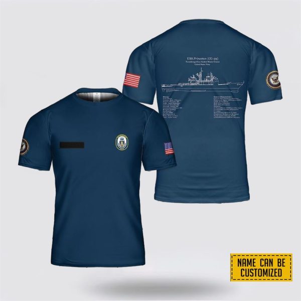 Custom Name US Navy USS Princeton CG-59 Blueprint, Ticonderoga Class Cruiser All Over Print 3D T Shirt – Gifts For Navy Military Personnel