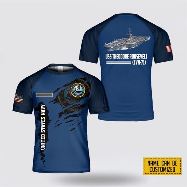 Custom Name US Navy USS Theodore Roosevelt (CVN-71) All Over Print 3D T Shirt – Gifts For Navy Military Personnel
