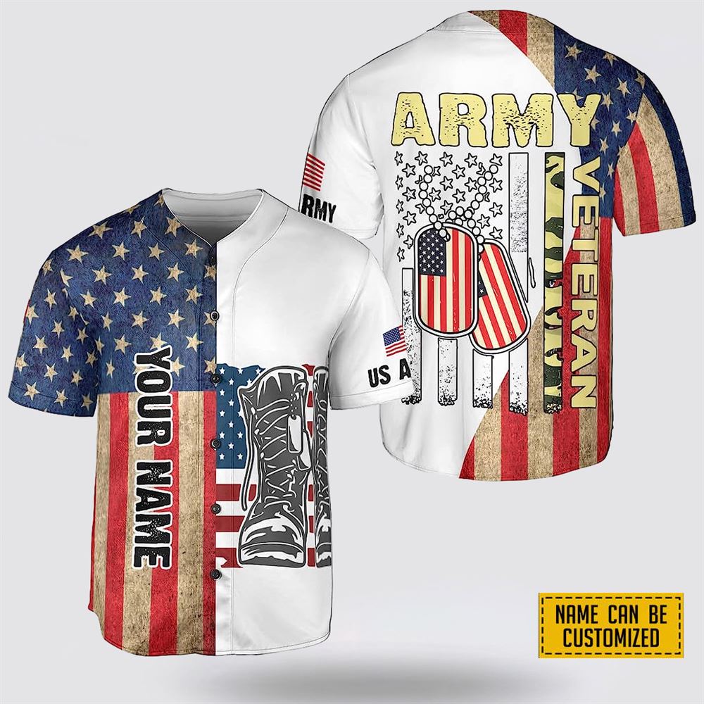 Excoolent Custom Name US Army Rank Veteran American Flag Baseball Jersey - Gift for Military Personnel