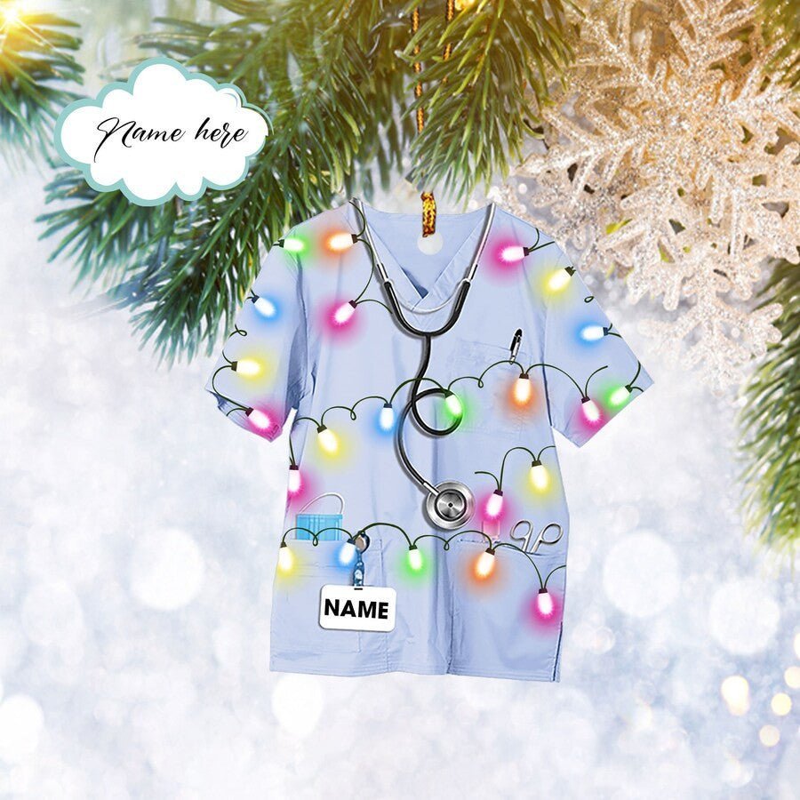 Custom Nurse Scrub Uniform With Christmas Light Flat 2d Ornament, Christmas Tree Ornament, Home Decor Plastic Ornament