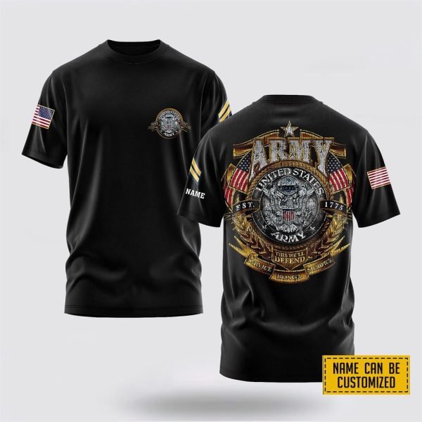 Customized US Army 3D T Shirt Gold Shield Badge of Honor – For Military Personnel