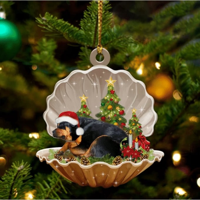 Cute Rottweiler Sleeping In Pearl Dog Christmas Ornament Flat ,Christmas Shape Ornament, Happy Christmas Ornament