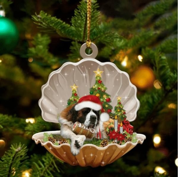 Cute St Bernard Sleeping In Pearl Dog Christmas Ornament Flat ,Christmas Shape Ornament, Happy Christmas Ornament