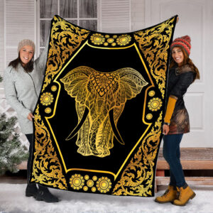 Elephant Gold Mandala Fleece Throw Blanket –…