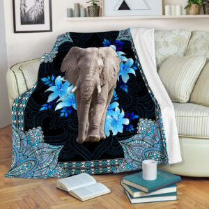 Elephant Mandala Blue Flowers Fleece Throw Blanket…