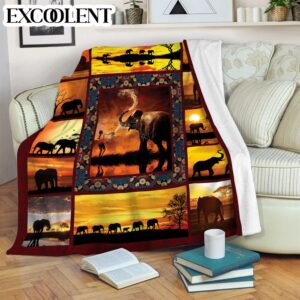 Elephant Sunset Premium Fleece Throw Blanket –…
