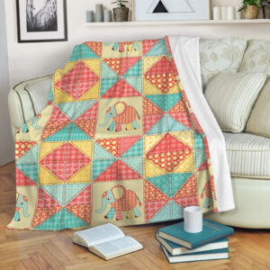 Elephant Vintage Patchwork Fleece Throw Blanket - Throw Blankets For Couch - Best Blanket For All Seasons