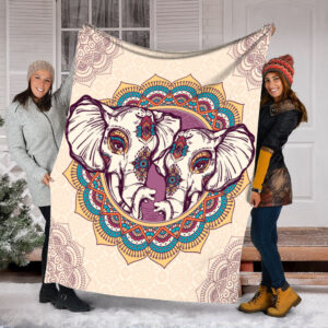 Elephants Couple Mandala Color Fleece Throw Blanket…