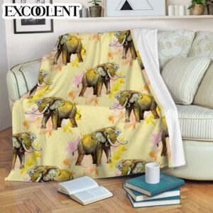 Elephants Watercolor Yellow Fleece Throw Blanket –…