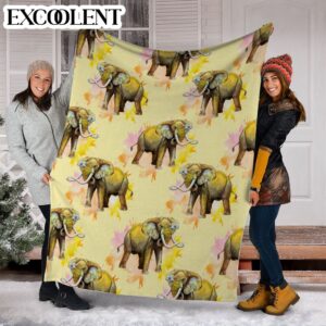 Elephants Watercolor Yellow Fleece Throw Blanket - Soft And Cozy Blanket - Best Weighted Blanket For Adults