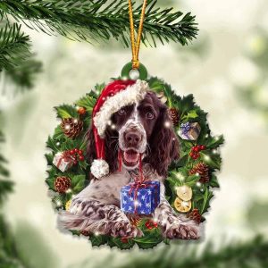 English Springer Spaniel With Santa Hat  Christmas Dog Ornaments  Best Xmas Gifts