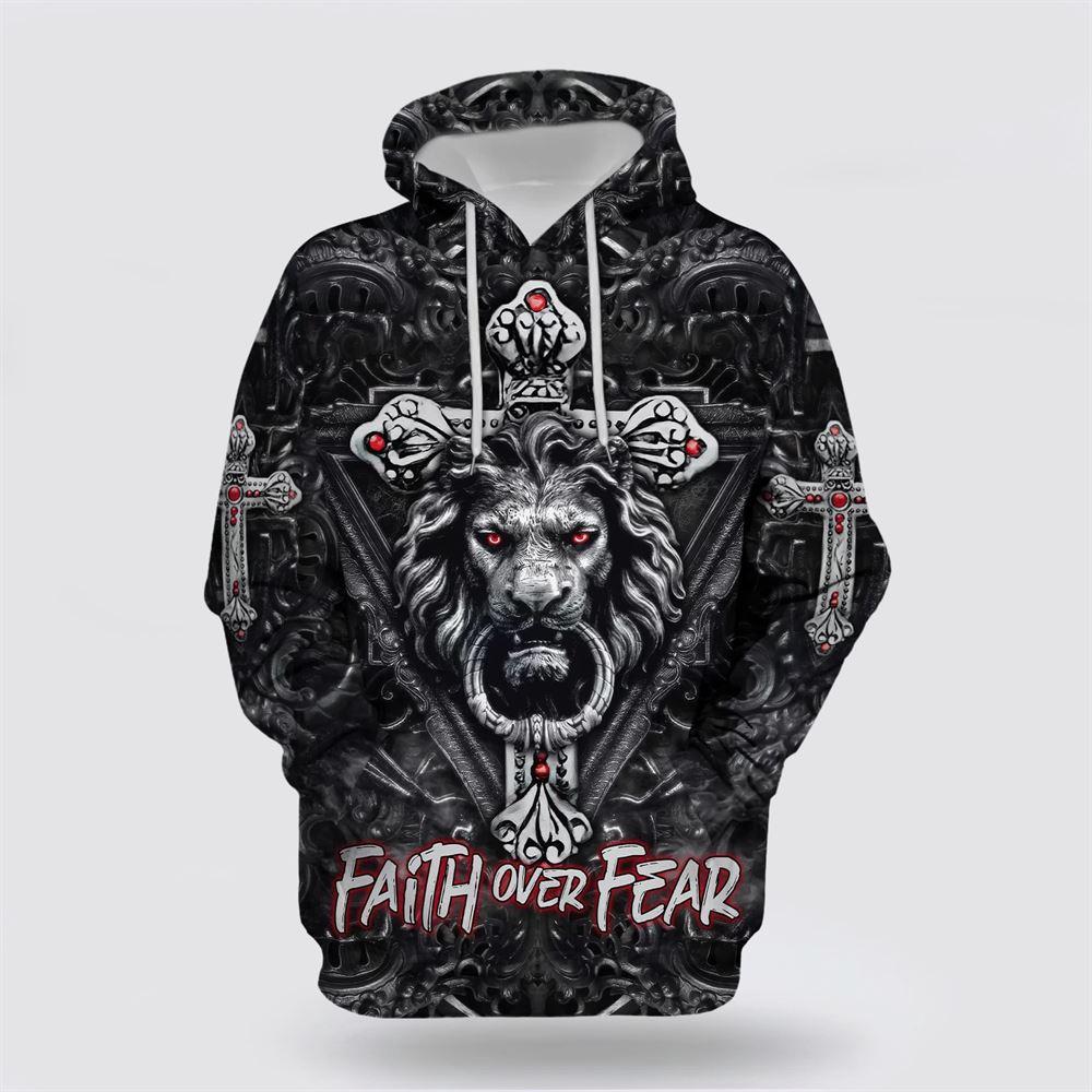 Faith Over Fear Gothic Lion Black All Over Print 3D Hoodie – Gifts For Christians