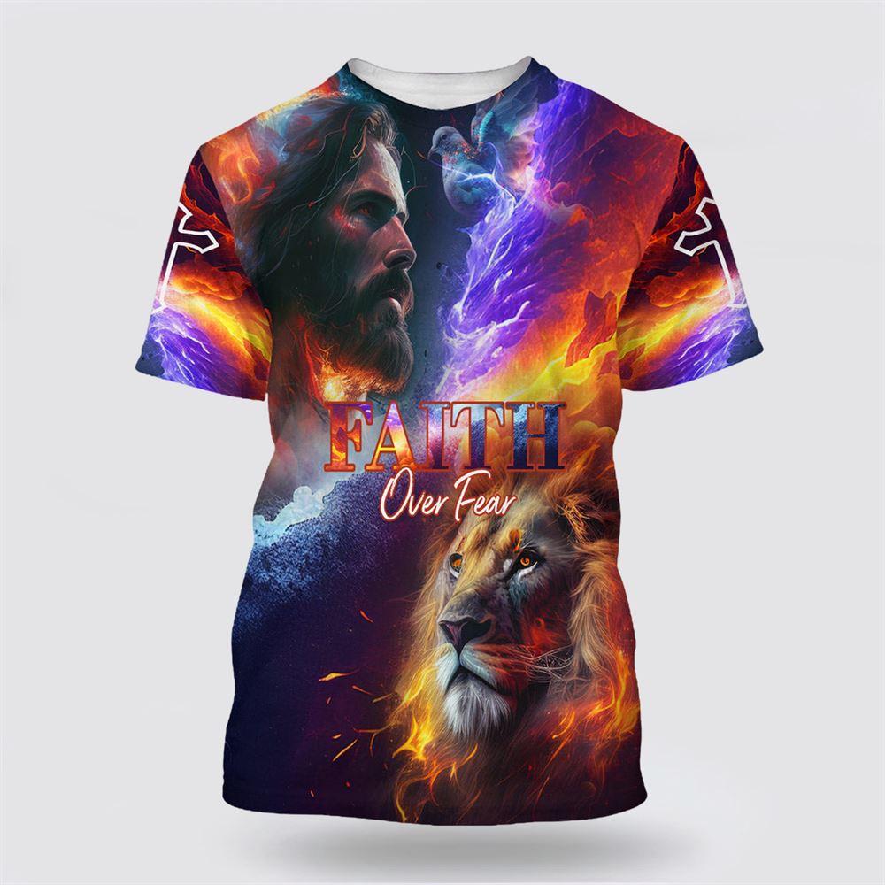 Faith Over Fear Jesus And Lion All Over Print 3D T Shirt – Gifts For Jesus Lovers