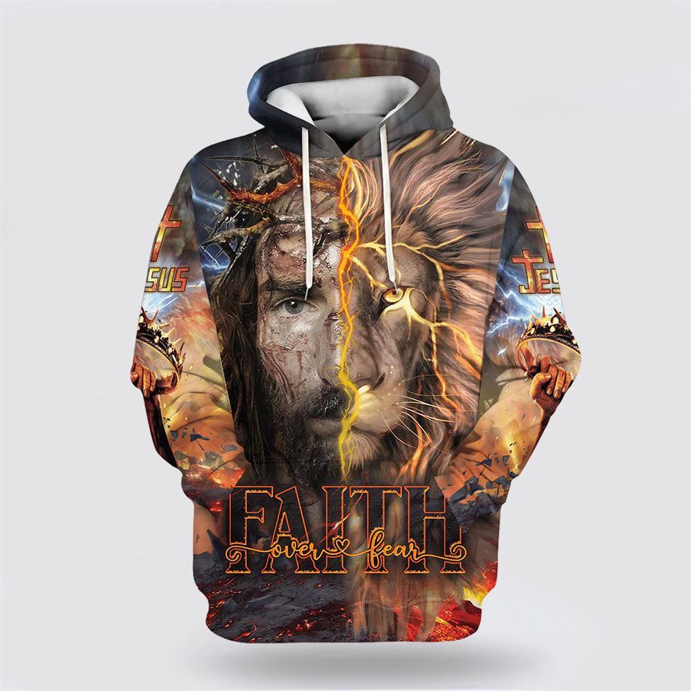 Faith Over Fear Jesus Lion Hoodies Jesus All Over Print 3D Hoodie – Gifts For Christians