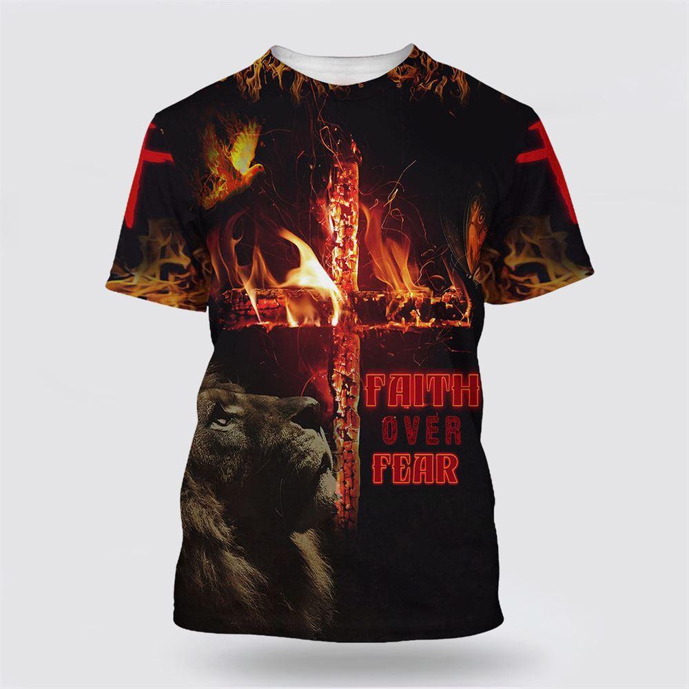 Faith Over Fear Lion Cross All Over Print 3D T Shirt For Men – Gifts For Jesus Lovers
