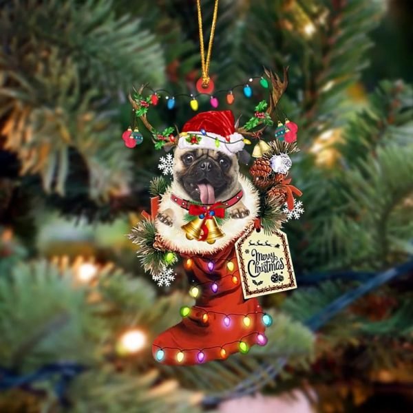 Fawn Pug-Xmas Boot-Two Sided Christmas Plastic Hanging Ornament – 2022 Christmas Ornament