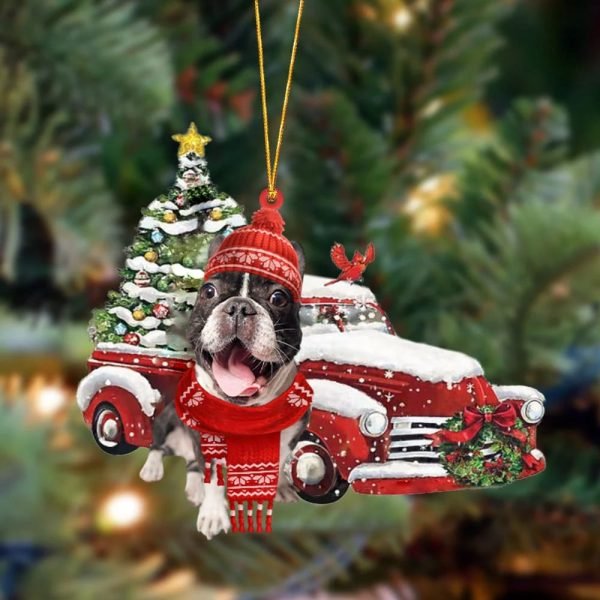 French Bulldog Christmas Car Two Sided Christmas Plastic Hanging Ornament – Funny Ornament