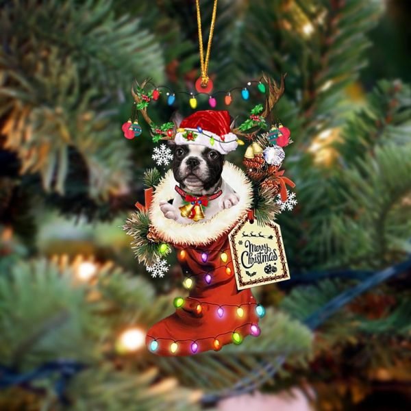 French Bulldog Xmas Boot-Two Sided Christmas Plastic Hanging Ornament – Funny Ornament