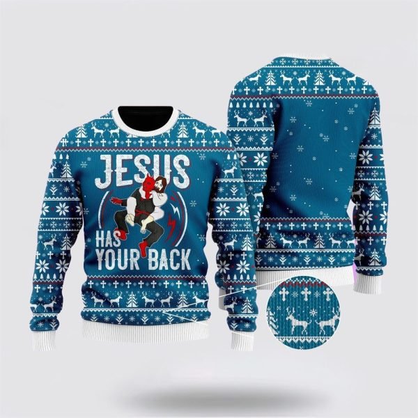 Funny Jesus Has Your Back Jiu Jitsu Ugly Christmas Sweater For Men & Women – Gifts For Christians