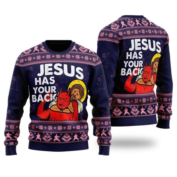 Funny Jesus Has Your Back Ugly Christmas Sweater For Men & Women – Gifts For Christians