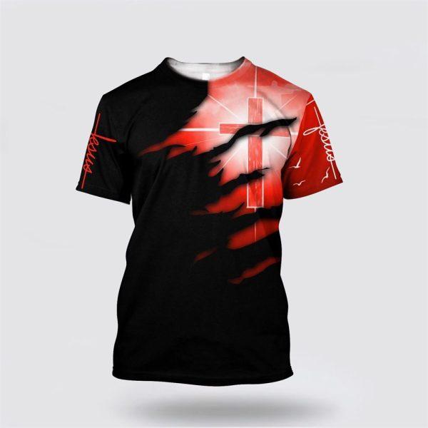 Glowing Light Cross Black And Red Color Jesus All Over Print 3D T Shirt – Gifts For Jesus Lovers