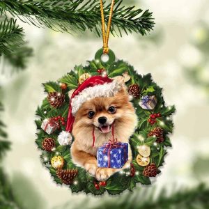 Gold Pomeranian With Santa Hat  Christmas Dog Ornaments  Best Xmas Gifts