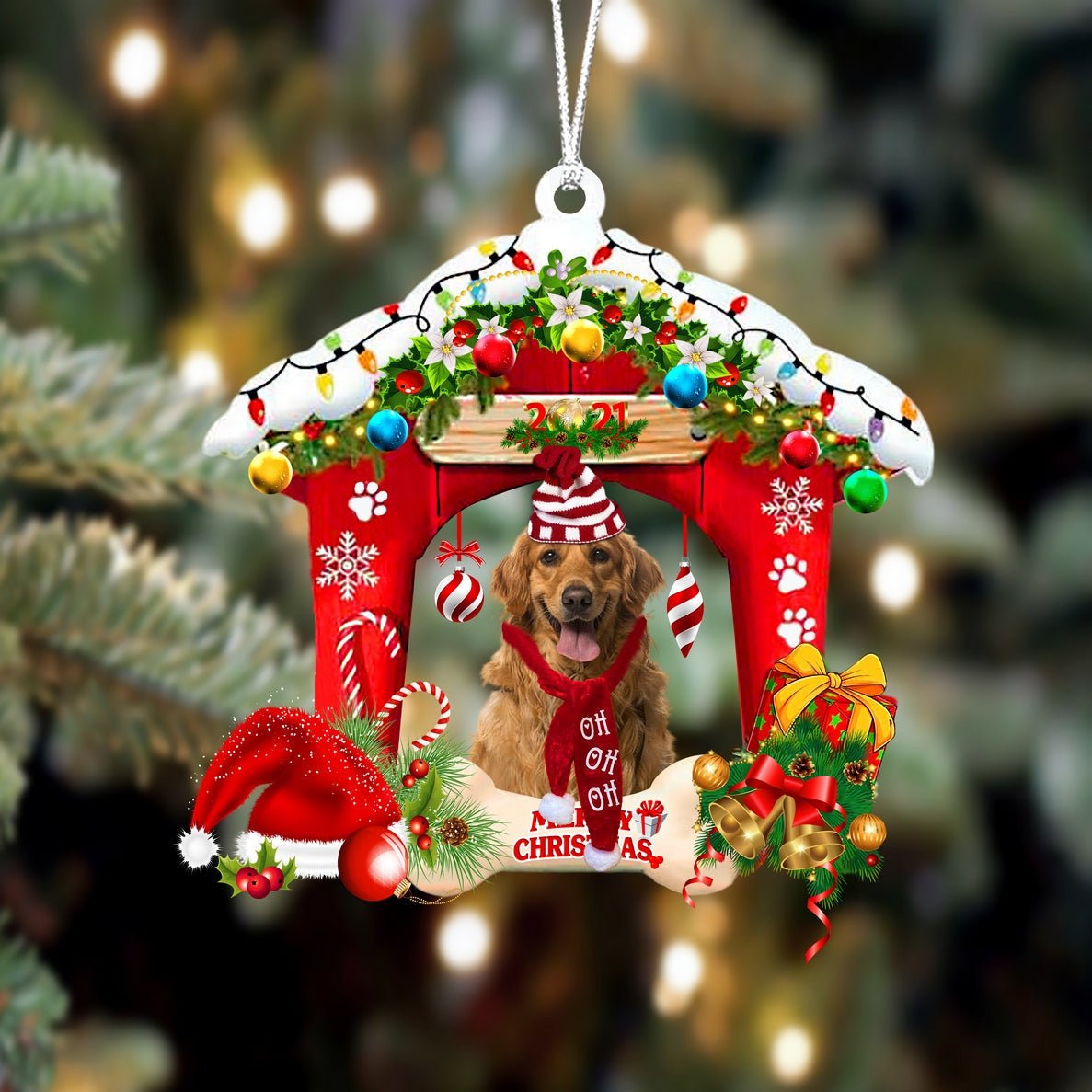 Golden Retriever Christmas House Two Sided Christmas Plastic Hanging Ornament – Gifts For Dog Lovers